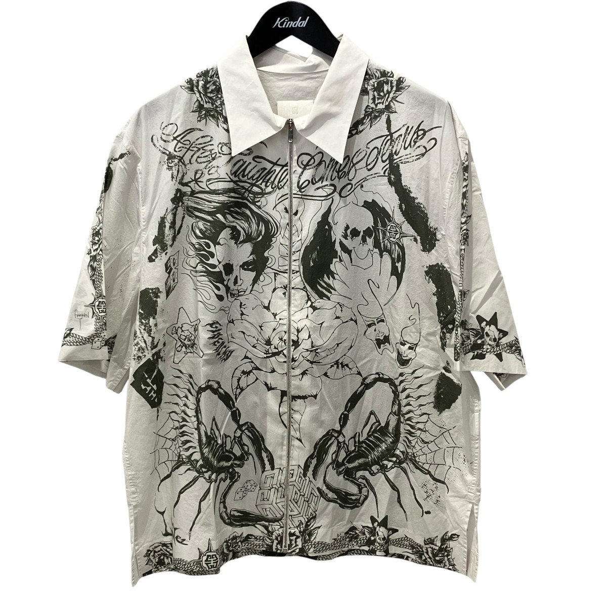 【中古】GIVENCHY Tattoo Print Zipped Logo Shirt 半袖ジップアップシャツ BM60PK13R6 白いこと 大きさ：41 【070626】（ジバンシィ）