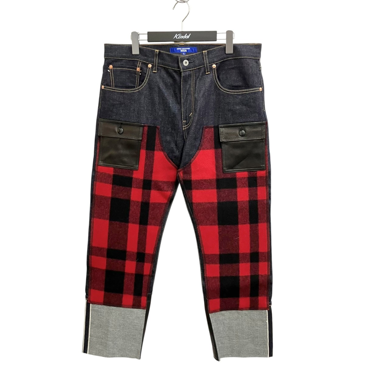 【中古】JUNYA WATANABE MAN 25AW 綿ネルうつり変わりレザーパッチデニムパンツ WP-P035 インディゴ 大きさ：L 【090626】（ジュンヤワタナベマン）
