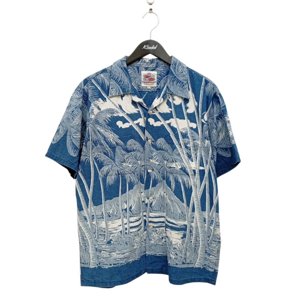 【中古】DUKE KAHANAMOKU INDIGO COTTON HAWAIIAN SHIRT COCONUT PALM ＆ DIAMONDHEAD アロハシャツ DK39046 米国海軍 大きさ：L 【090626】（デューク・カハナモク）