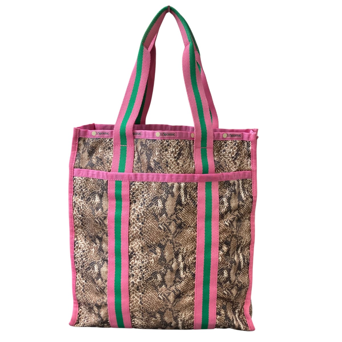 【中古】LeSportsac×MUVEIL 22SS LG WEB Book Tote  パイソン トートバッグ サクラ色×緑であること 【090626】（レスポートサック×ミュベール）
