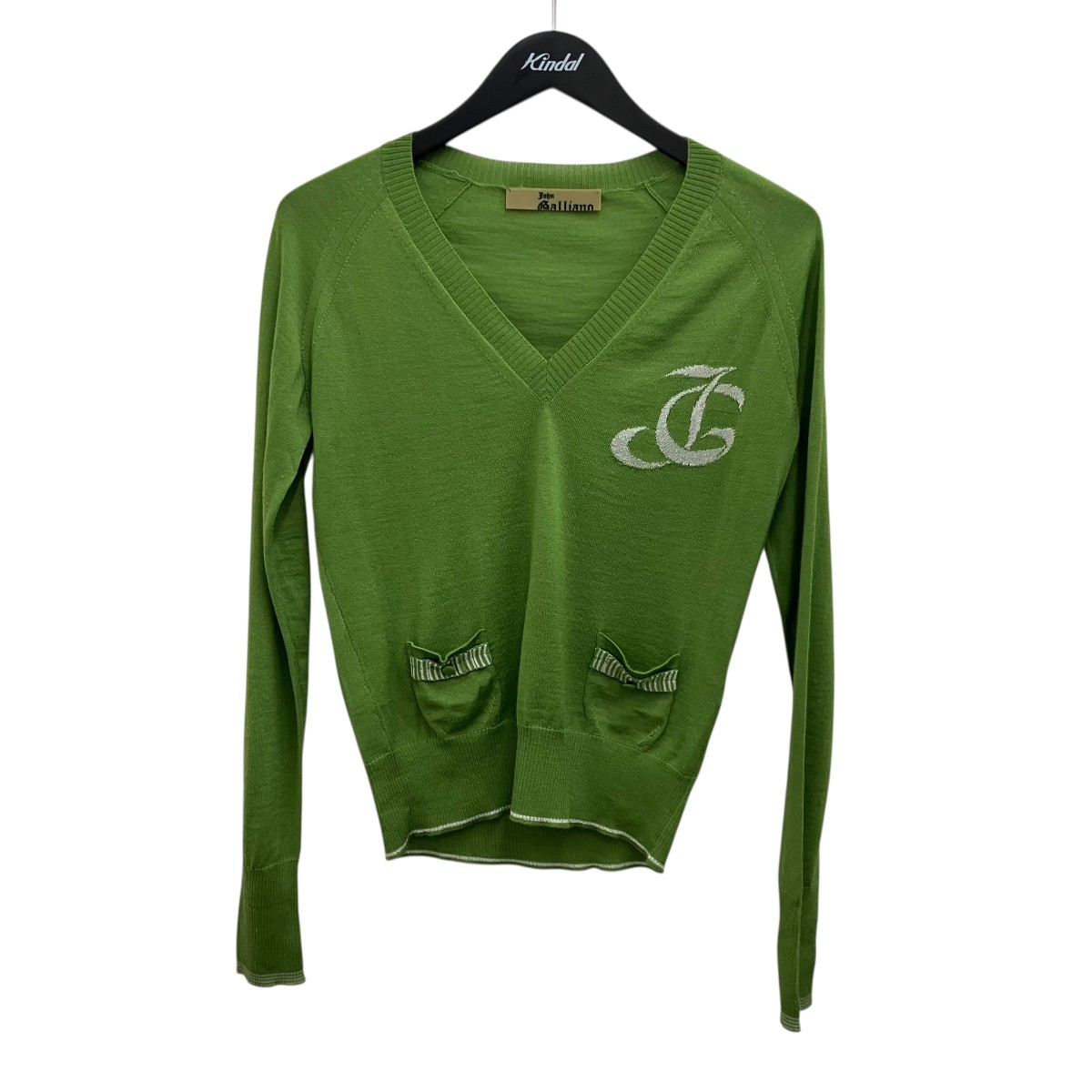 【中古】JOHN GALLIANO　Vネックニット 6PM204134 グリーン サイズ：S 【100626】（ジョンガリアーノ）｜ブランド古着のカインドオル