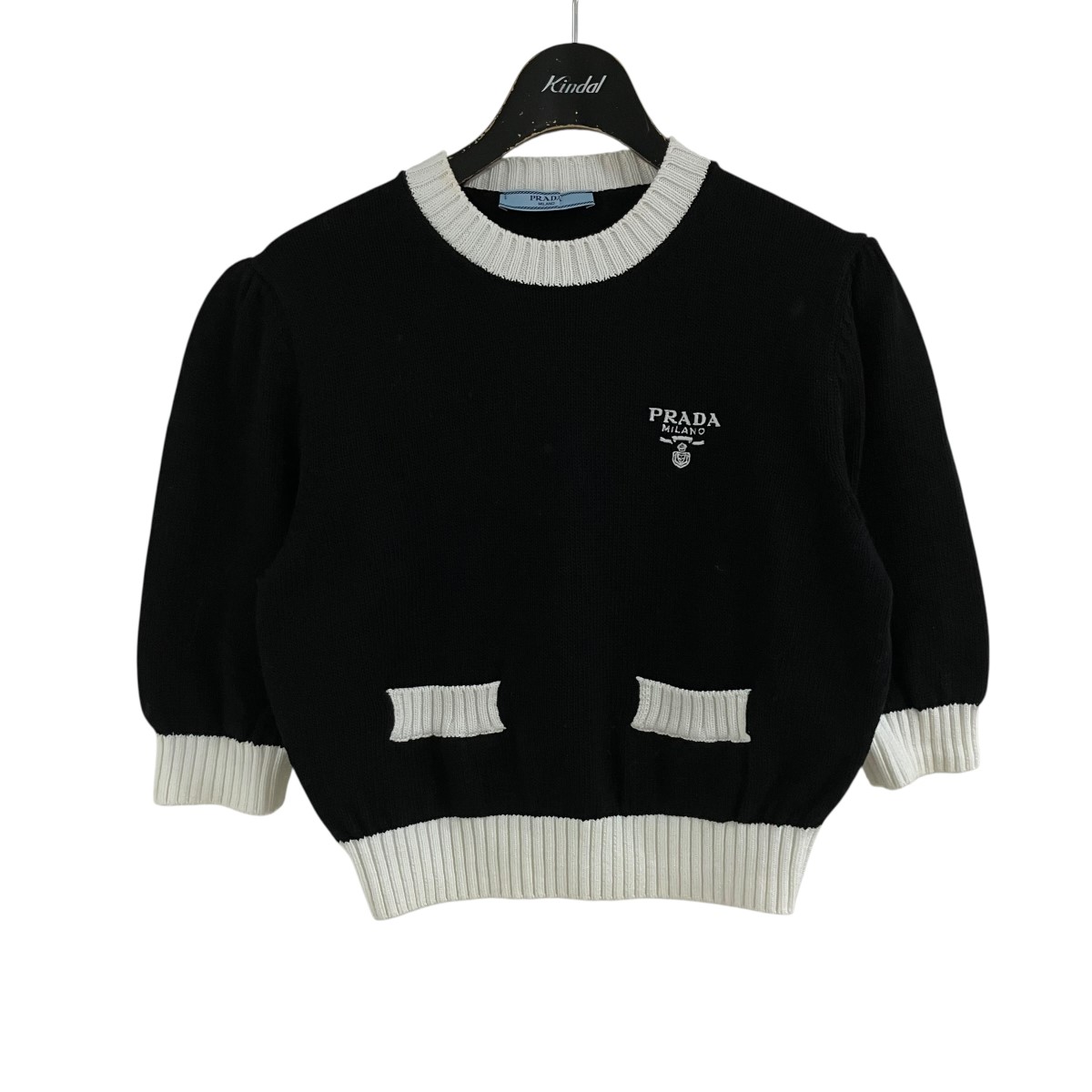 【中古】PRADA ロゴニットシャツ カットソー ブラック×ホワイト サイズ:36 【130626】(プラダ)|ブランド古着のカインドオル