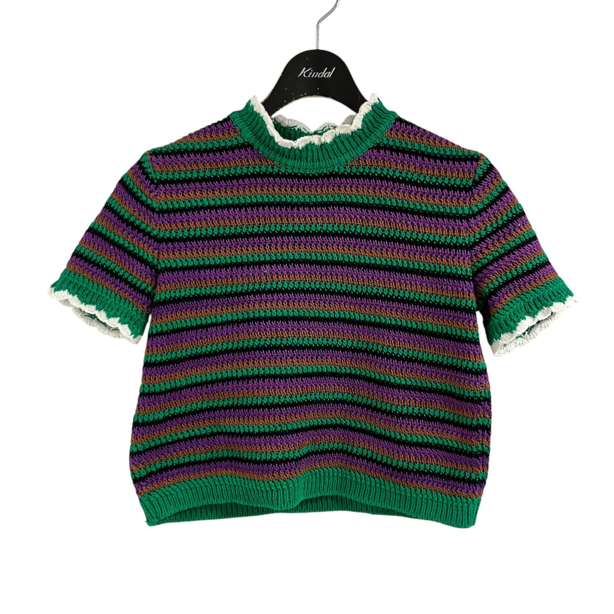 【中古】MIU MIU クロップドニットショートスリーブトップ グリーン×マルチカラー サイズ:38 【140626】(ミュウミュウ)|ブランド古着のカインドオル