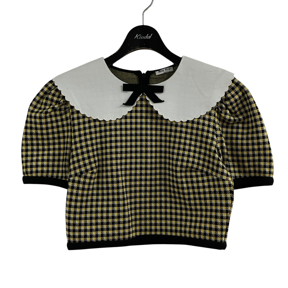 【中古】MIU MIU　ハウンドトゥースチェックフリルトトップ イエロー サイズ：M 【300626】（ミュウミュウ）｜ブランド古着のカインドオル