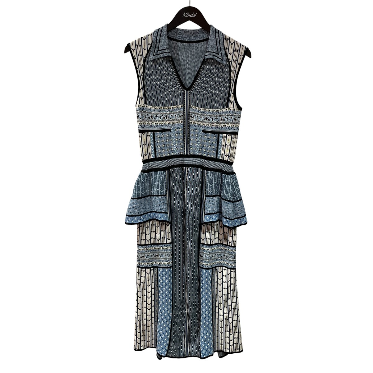【中古】mame kurogouchi　Geometric Pattern Knitted Dress ノースリーブワンピース MM25SS-KN085 ブルー サイズ：1 【010726】（マメクロゴウチ）｜ブランド古着のカインドオル