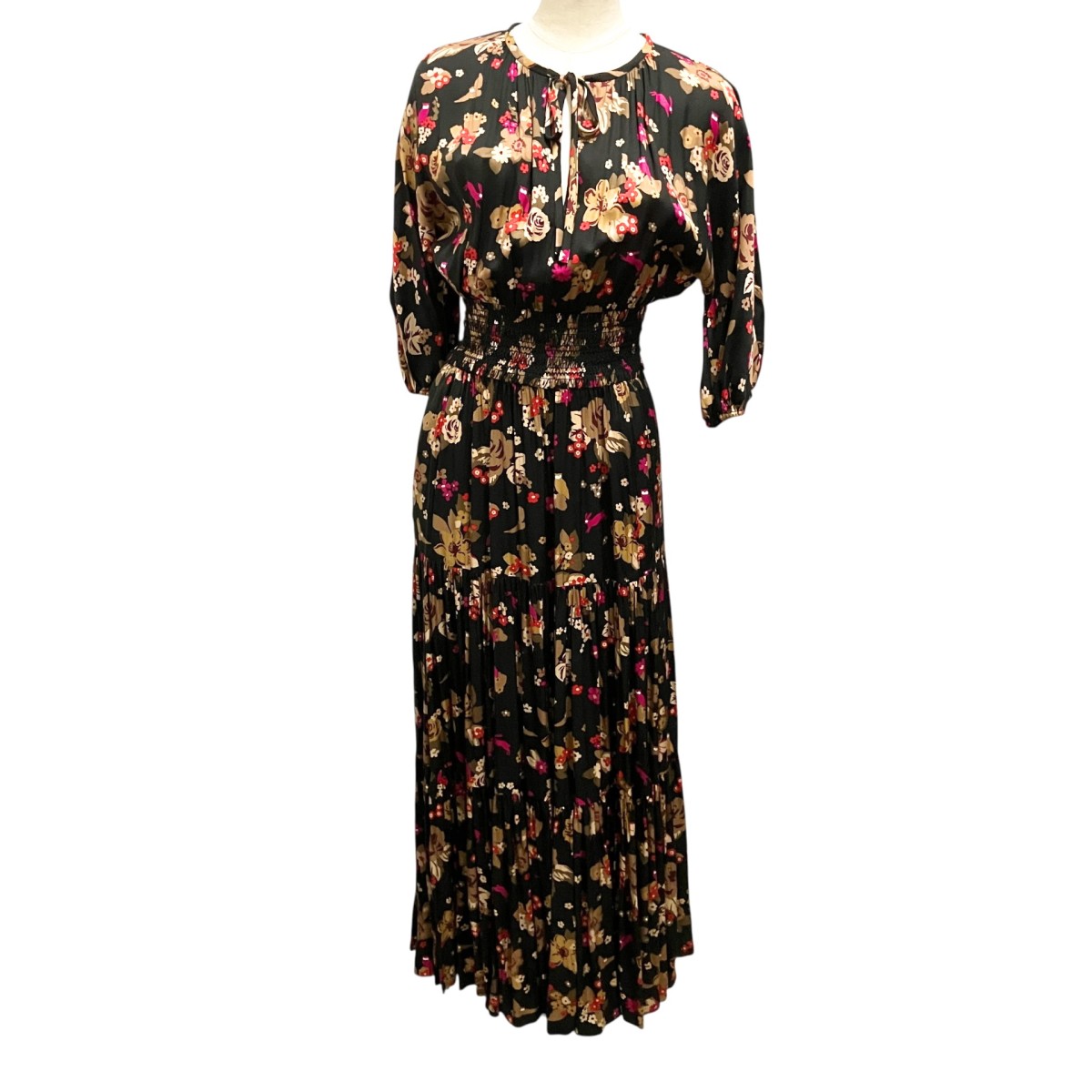 【中古】Kate Spade　Floral Bouquet Silk Twill Dress 総柄ワンピース K5191 ブラック&times;ピンク サイズ：S 【090726】（ケイトスペード）｜ブランド古着のカインドオル