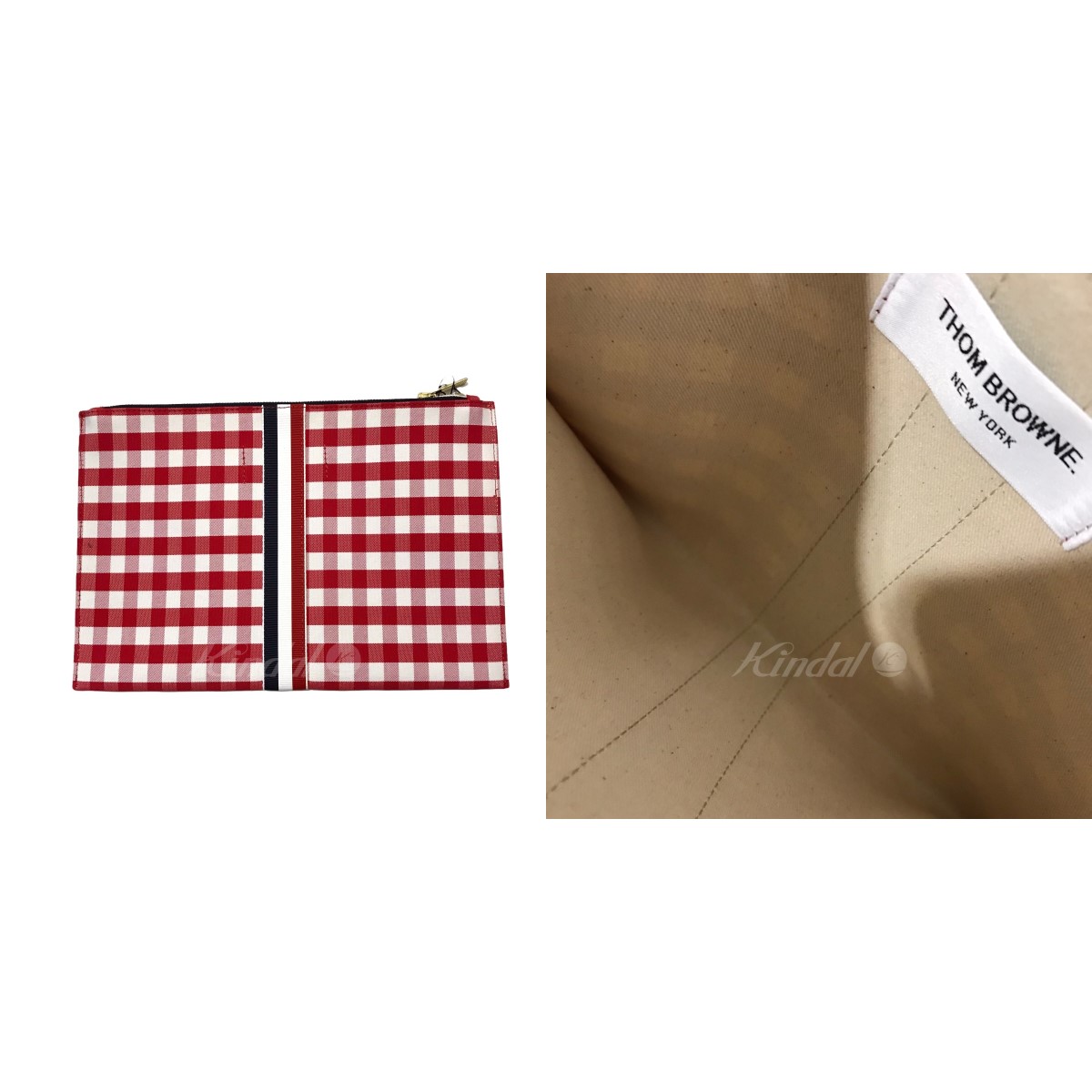 【中古】THOMBROWNEチェックキャンバスクラッチバッグレッド【141222】(トム・ブラウン)