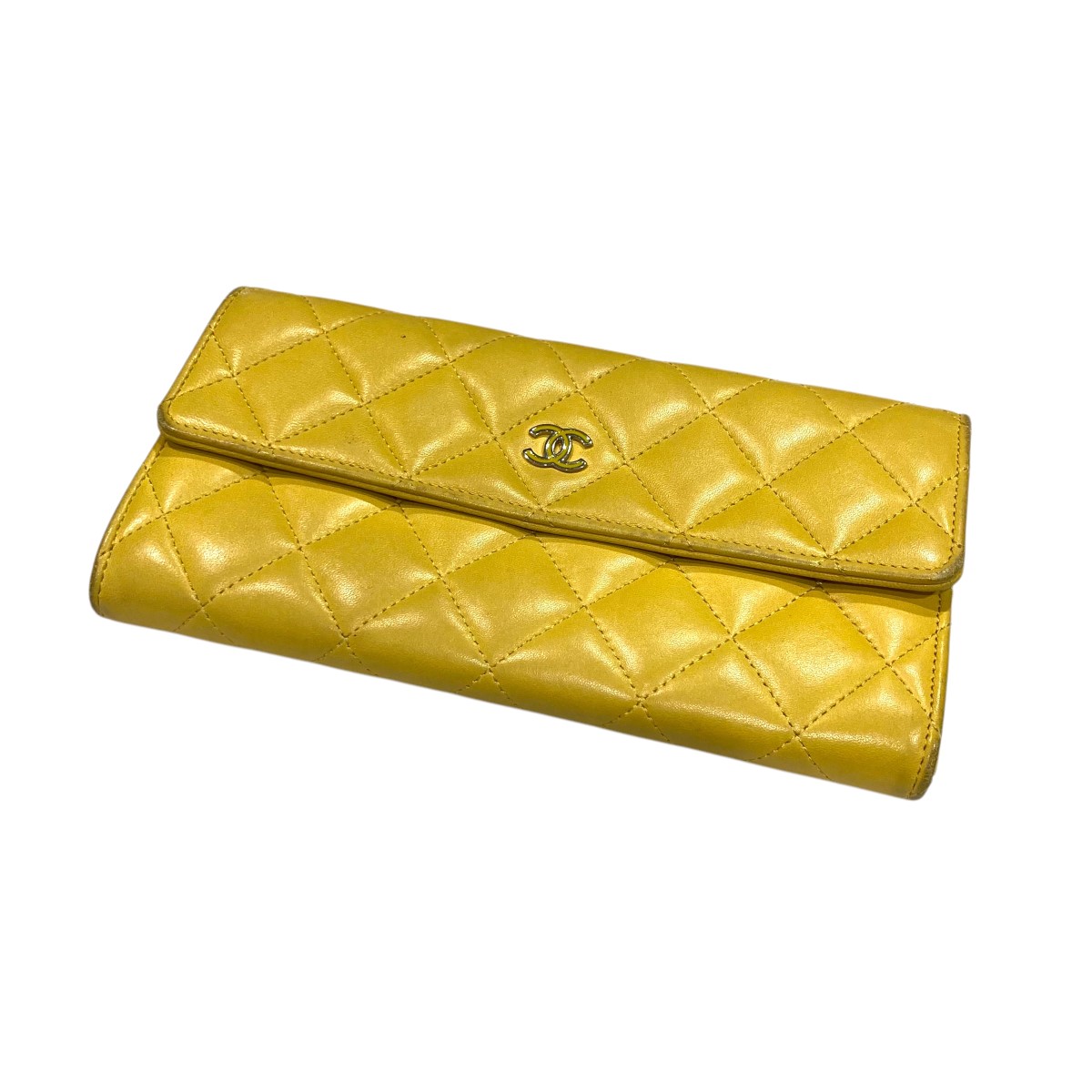 【中古】 CHANEL マトラッセレザーロングウォレット イエロー 【価格見直し】