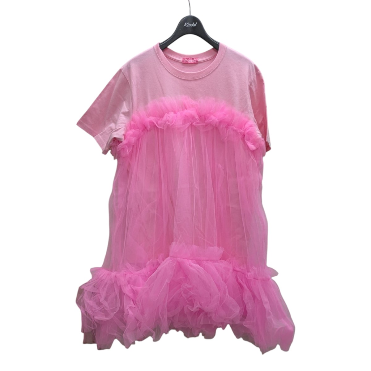 【中古】 VIVIANO Gatehered Tulle T-shirt ギャザークルーネックTシャツ ピンク サイズ:M 【価格見直し】