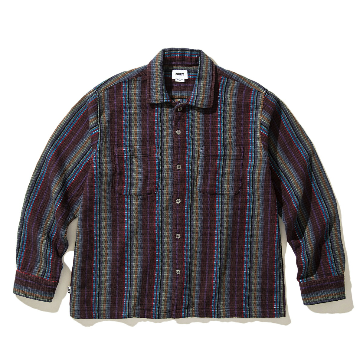【ラスト1点】【30%OFF】 OBEY WANDERER WOVEN (SEPIA MULTI) (オベイ ワンダラー ウーブン) 【メンズ】【ウーブンシャツ オープンカラー ストライプ リラックスフィット】【24FW】
