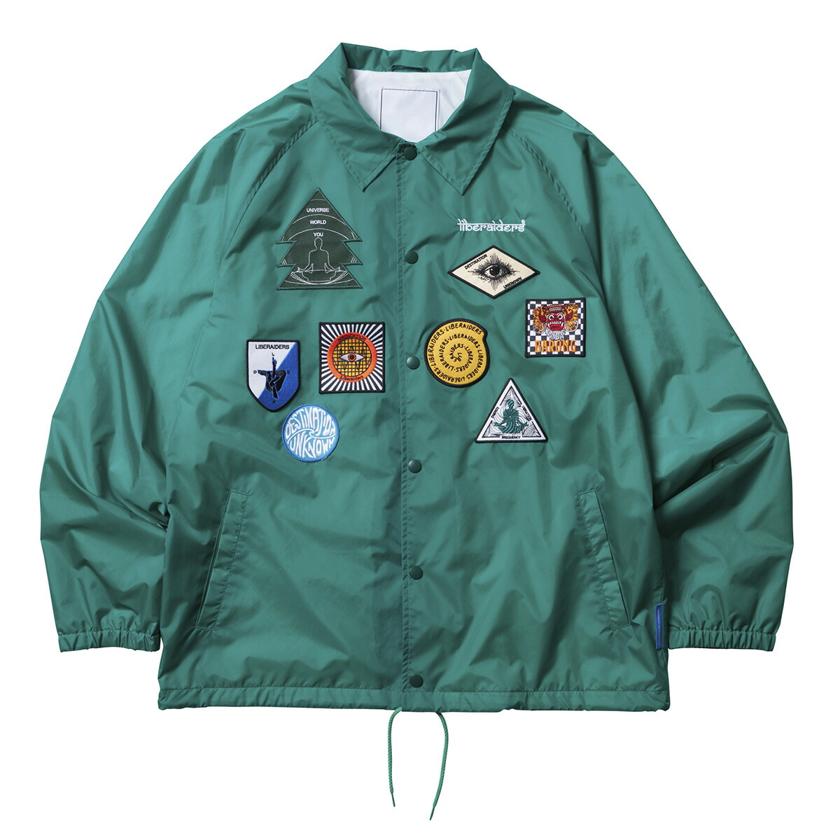 【30%OFF】Liberaiders PATCH COACH JACKET( GREEN)(リベレイダース 継ぎ切れ コーチジャケット)【メンズ レディース】【アウター 撥水ナイロン ラグラン袖 紋章】【25SS】