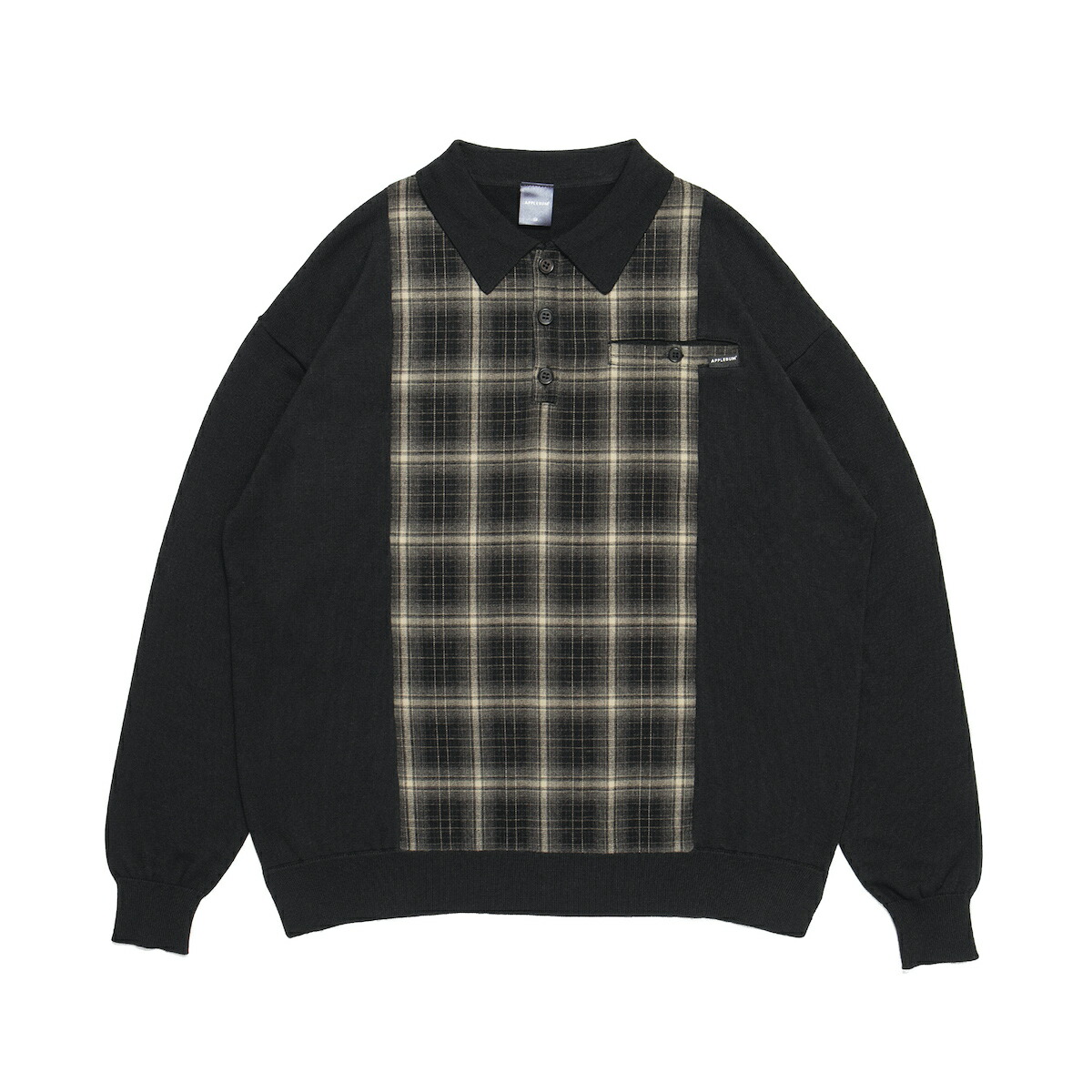 【ラスト1点】【30%OFF】APPLEBUM Knit Polo Shirt(Black)(アップルバム ニット ポロシャツ)【メンズ レディース】【長袖 チェック】【24FW】｜Kinetics