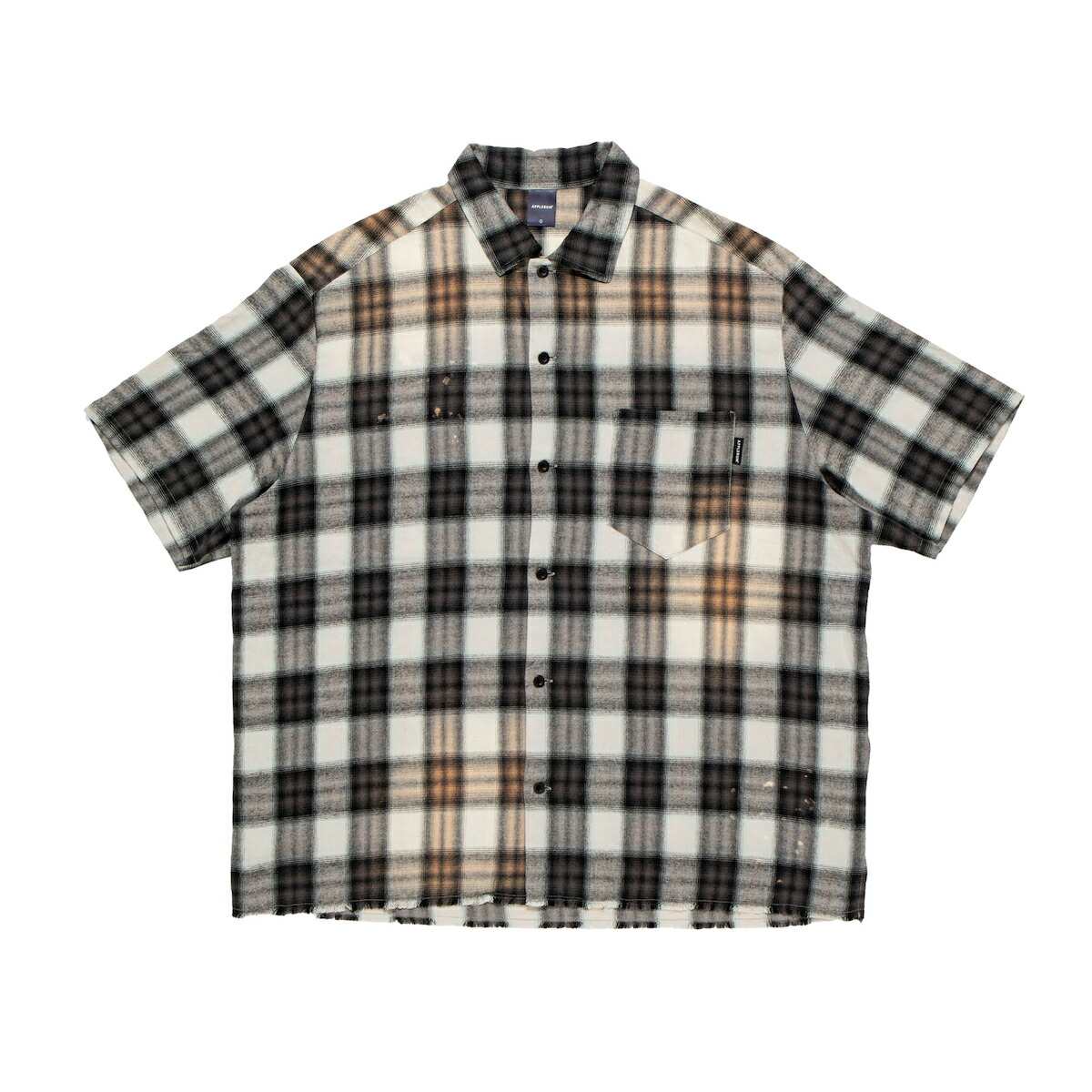 【20%OFF】 APPLEBUM Ombre Check Damage S/S Shirt (Black/White) (アップルバム オンブレチェック ダメージ ショートスリーブ シャツ) 【メンズ】【半袖開襟シャツ オンブレチェック ヴィンテージ風 グランジスタイル リラックスシルエット】【25SS】