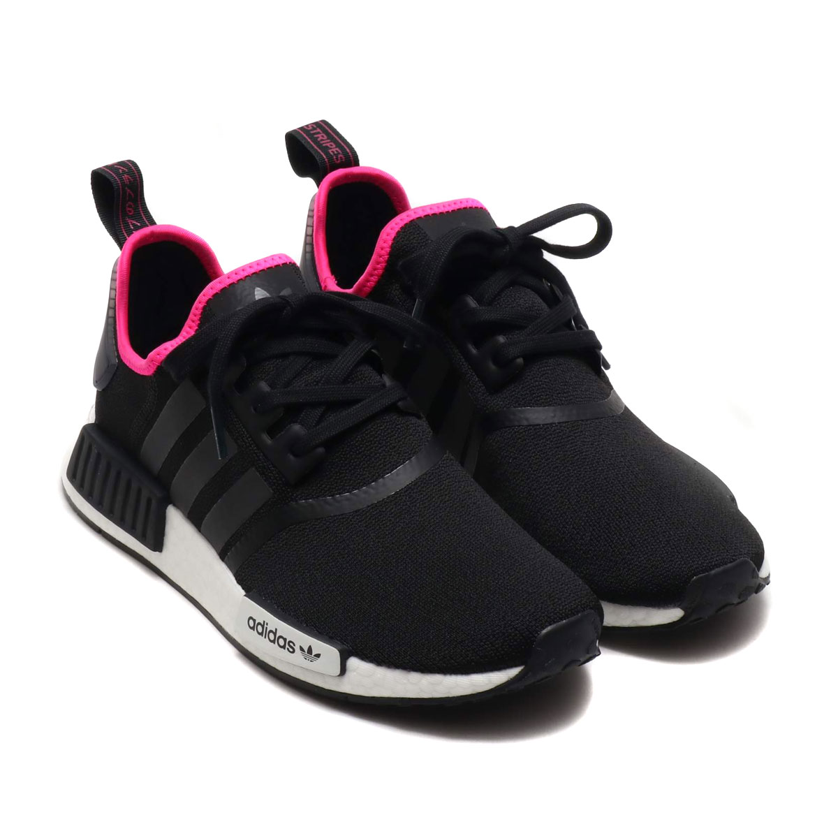 black adidas shoes with pink stripes