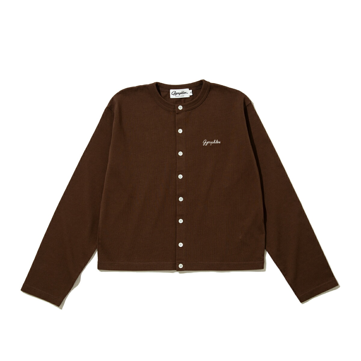 Gymphlex Cotton L/S short cardigan (LT.BROWN) (ジムフレックス コットン 長袖ショートカーディガン)【レディース】【コットン素材 刺繍ロゴ 長袖 ブラウン】【26SS】｜Kinetics