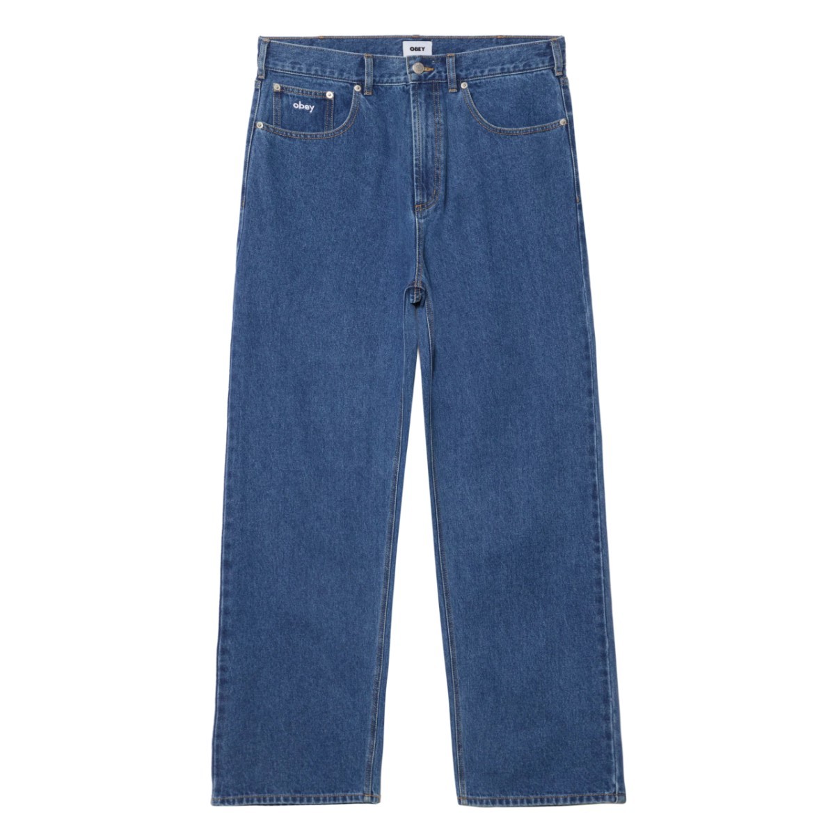 【20％OFF】 OBEY BIGWIG BAGGY DENIM (MEDIUM STONE WASH LIGHT INDIGO) (オベイ ビッグウィッグ バギー デニム)【メンズ】【デニム ジーンズ バギーパンツ ワイドシルエット ロゴ刺繍 ブルー】【25FW】