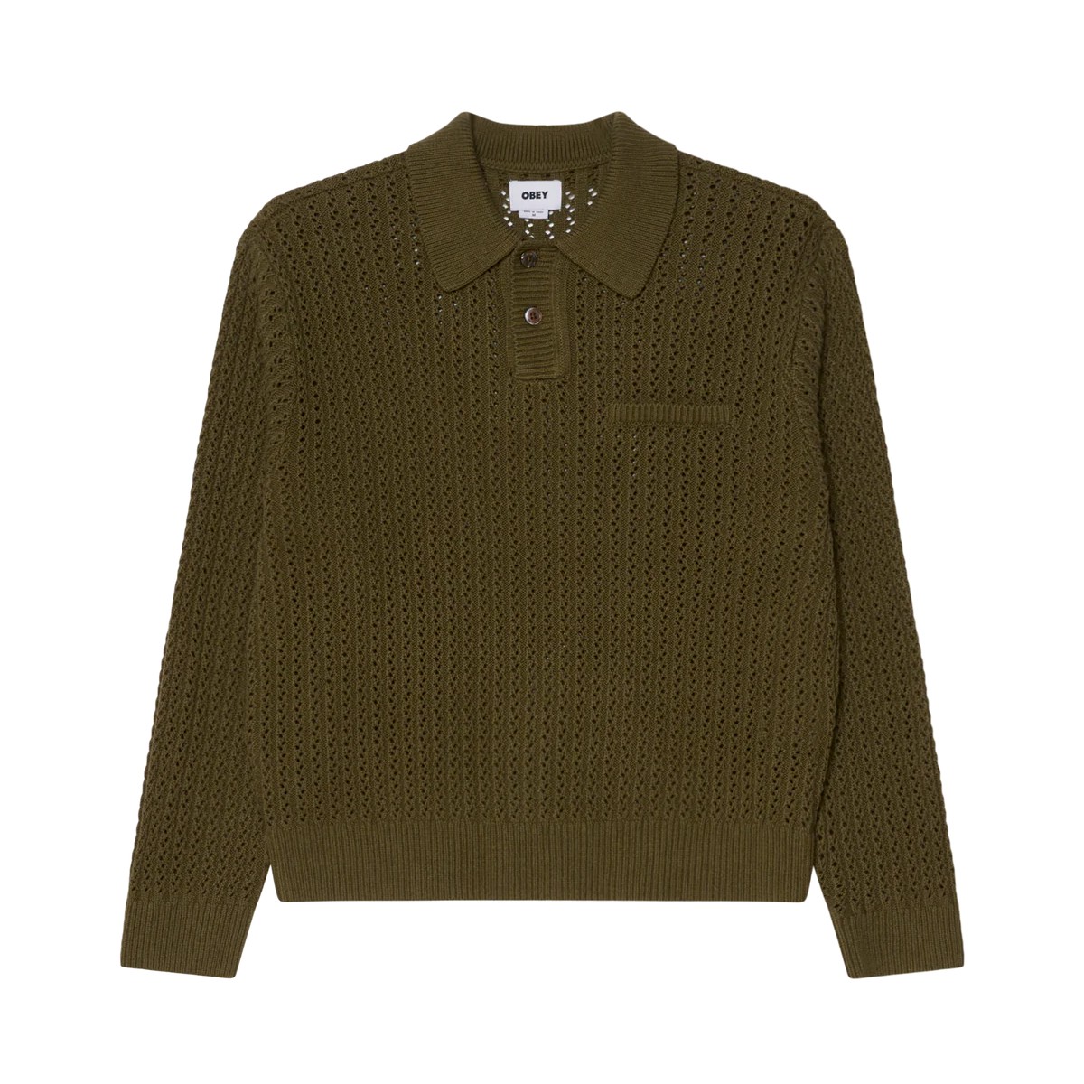 【20％OFF】 OBEY DUANE POLO SWEATER (TEA LEAF) (オベイ デュアン ポロ セーター)【メンズ レディース】【トップス ポロセーター ニットポロ 長袖ニット リラックスフィット グリーン】【25FW】