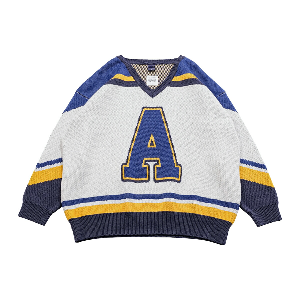 APPLEBUM Hockey Jerseys Knit Sweater (White/Navy) (アップルバム ホッケー ジャージーズ ニットセーター)【メンズ】【ニット ホッケーシャツ ジャカード アルファベット ホワイト】【25FW】|Kinetics