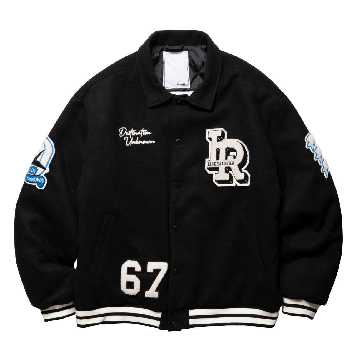 【20％OFF】 Liberaiders LR VARSITY JACKET (BLACK) (リベレイダース LR バーシティ ジャケット)【メンズ】【ジャケット ワッペン 刺繍 防寒性 中綿キルティング ブラック】【25FW】