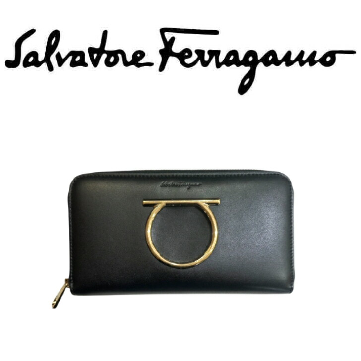 【中古美品】 Salvatore Ferragamo  フェラガモ  JL-22  D291   ガンチーニ   なめし革   ラウンドジッパー  黒いこと レディース 長紙入れ