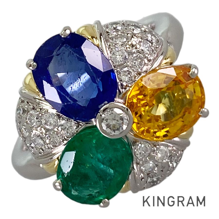 ノーブランド名 Unsigned Jewelry 輪っか Pt900 サファイア 黄色サファイア エメラルド 金剛石 11.5号(51-52) sss【中古】