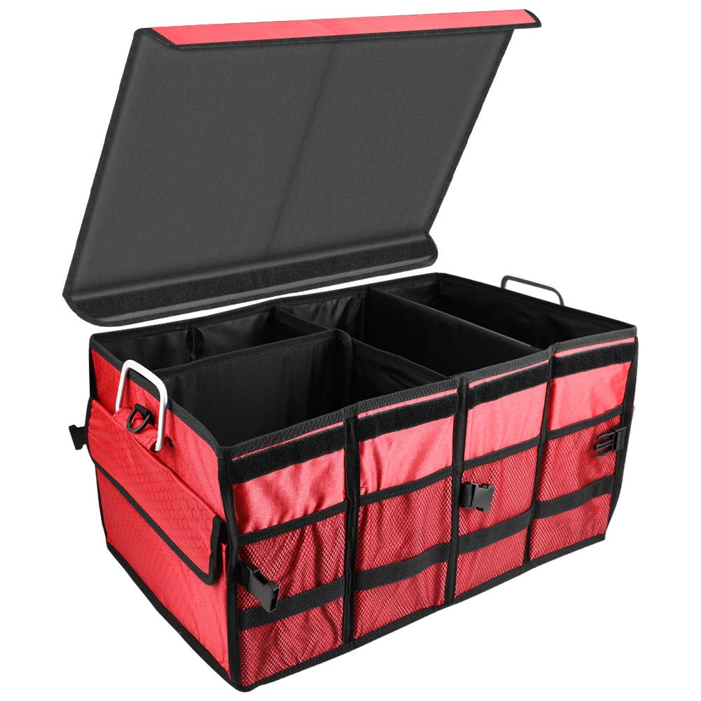 楽天市場 全国送料無料 トランク収納ボックス 車用バッグ 大容量 省スペース 頑丈 耐摩耗 折り畳み式 便利 アルミめっき取っ手 撥水加工 3枚可変式仕切リ付属 組み立て簡単 滑りにくい ラゲッジルームバッグ 家庭用 キャンプ用 ブラック レッド 車用トランク収納
