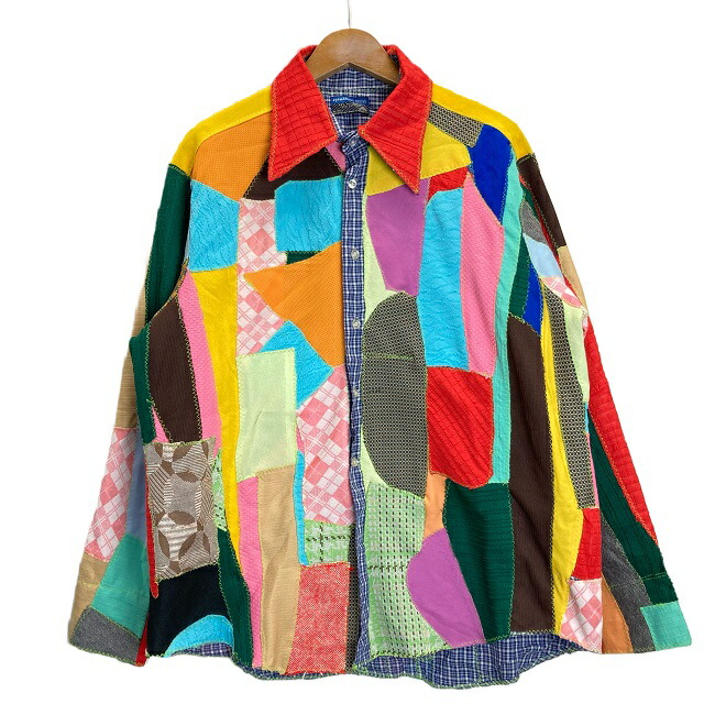 【中古】 PERMANENT PRESS 柄シャツ 長袖シャツ リメイクシャツ シャツ トップス ワイドカラー ポリエステル コットン パッチワーク オーバーサイズ ビックサイズ 大きめ 古着 /1952|KINJIusedclothing