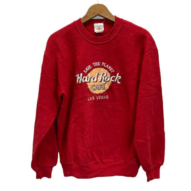 【中古】　Hard Rock CAFE　スウェット　長袖　トレーナー　クルーネック　トップス　裏起毛　ブランドロゴ　ワッペン　刺しゅう　LAS VEGAS　アドバタイジング　USA製　古着　/7064