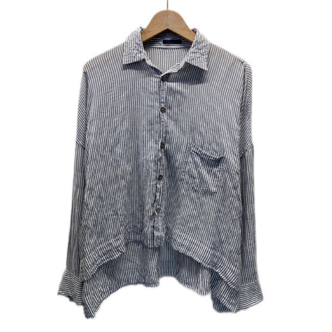 【中古】　MADE EXPRESSLY YOUJI'PEOPLE　ストライプシャツ　長袖　ブラウス　トップス　レギュラーカラー　胸ポケット　ドロップショルダー　日本製　ドメスティック　古着　/2496
