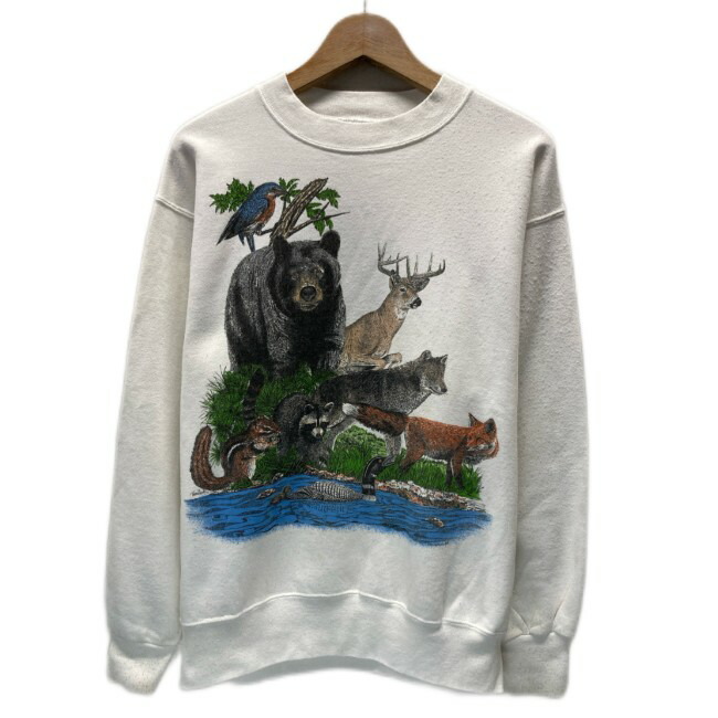 【中古】　Hanes　スウェット　80s vintage　80年代　(C)89 HARLEQUIN NG　長袖　トレーナー　トップス　クルーネック　裏起毛　両面プリント　アニマル　イラスト　USA製　古着　/1591