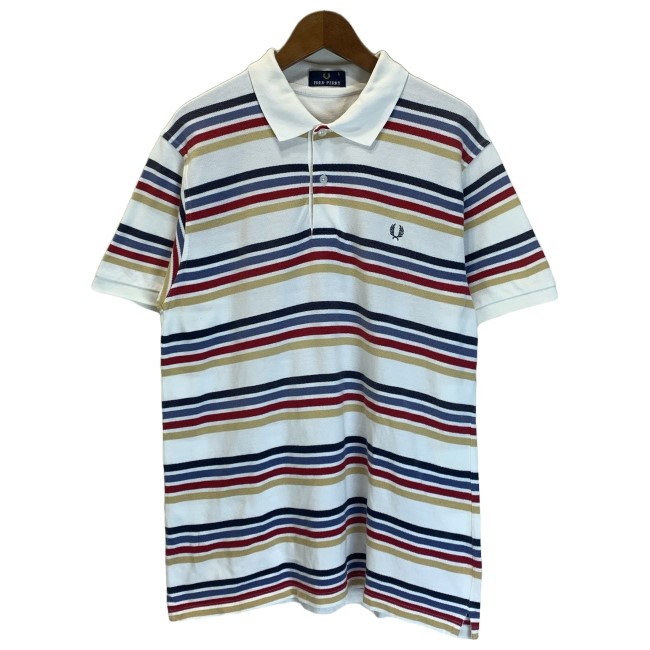 【中古】　FRED PERRY　ポロシャツ　半袖　シャツ　トップス　ハーフボタン　ボーダー　ワンポイント　ブランドロゴ　刺しゅう　古着　/0111