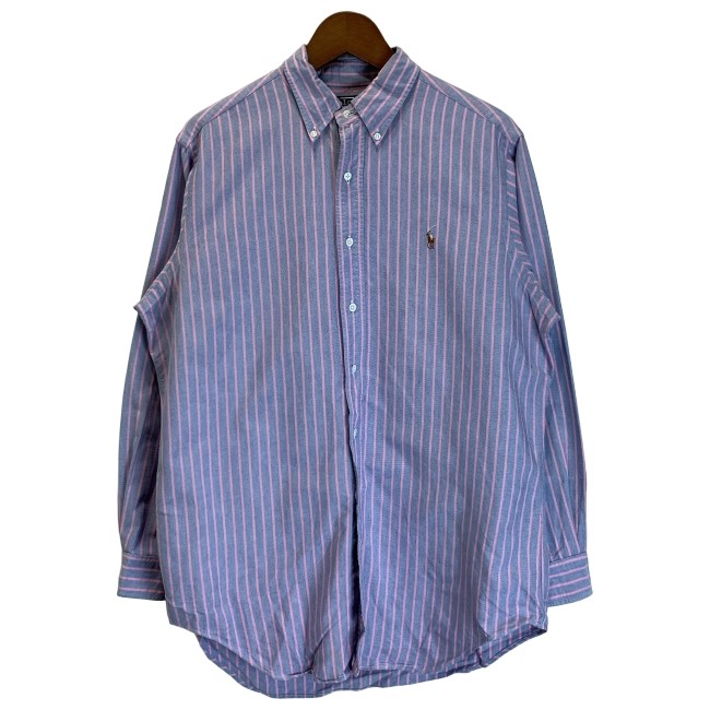 【中古】　POLO by RALPH LAUREN　ストライプシャツ　長袖　トップス　ボタンダウン　ワンポイント　スモールポニー　刺しゅう　古着　/2004