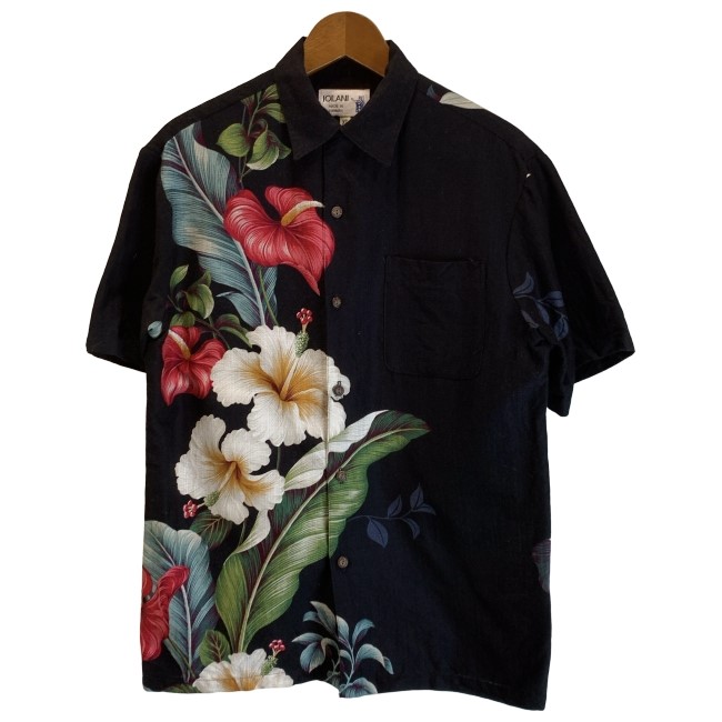 【中古】 IOLANI アロハシャツ 半袖 トップス レギュラー色合い 胸衣嚢 材木名取り草 花柄 ハワイ州製 古着 /1163 トップス-カジュアルシャツ-メンズファッション