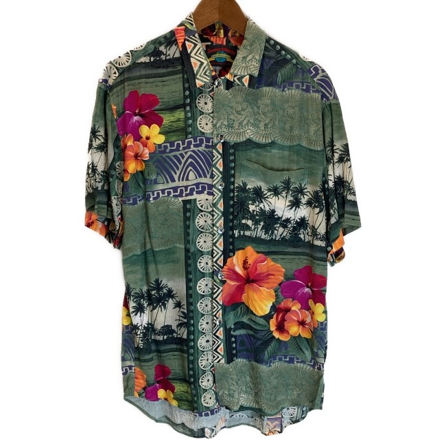 【中古】　JAMS WORLD　アロハシャツ　90s vintage　90年代　半袖　シャツ　トップス　レギュラーカラー　胸ポケット　総柄　ハイビスカス　30thアニバーサリー　コレクターズエディション　USA製　古着　/1953
