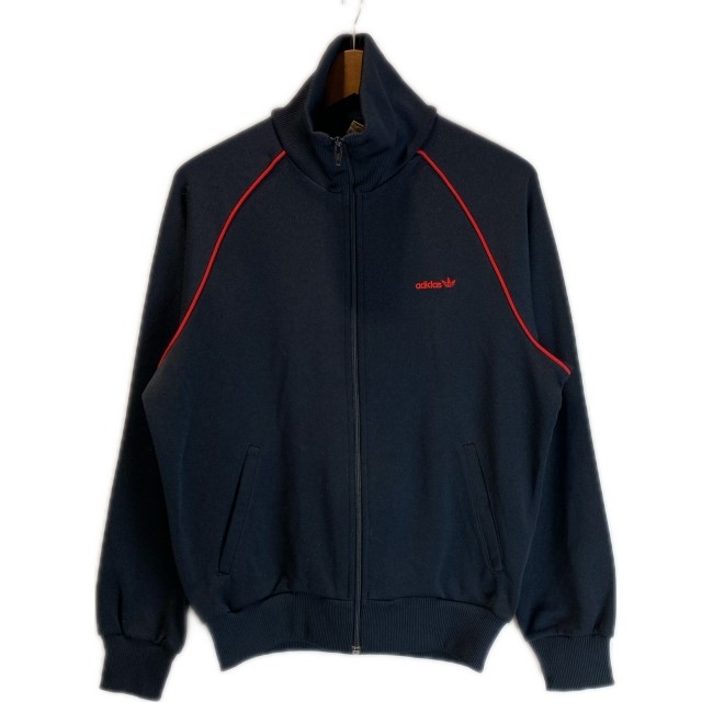 【中古】 adidas 貨物自動車上衣 80s vintage 80年月日 OLD プルオーバー ハイネック フルジップ 無地 ワンポイント トレフォイル 刺繍 デサント社 ADS-80 日本製 運動競技 古着 /129