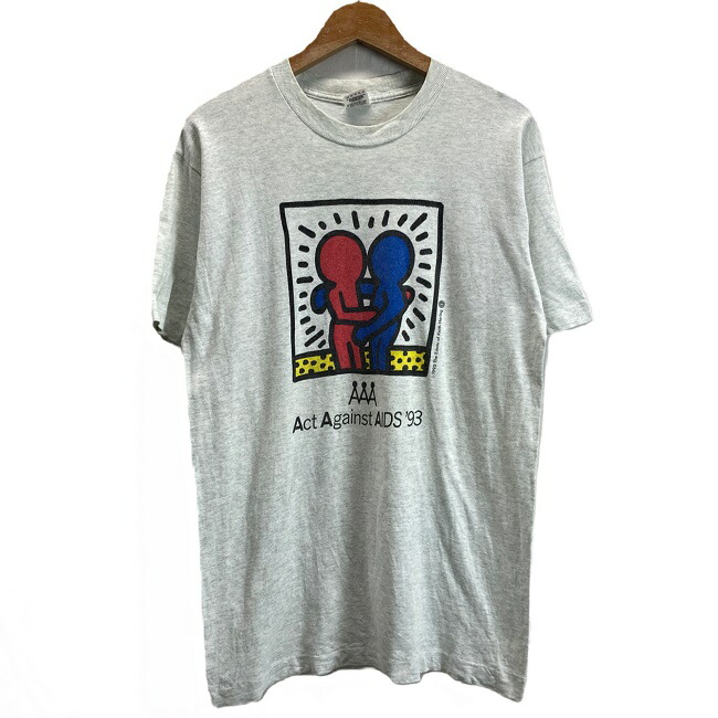 【中古】 FRUIT OF THE LOOM プルオーバー 90’s vintage 半袖 カットソー 労働者の一団のど首 綿織物 刷り上げる Keith Haring Act Against エイズ\u002793 (C)1993 USA製 古着 /1953