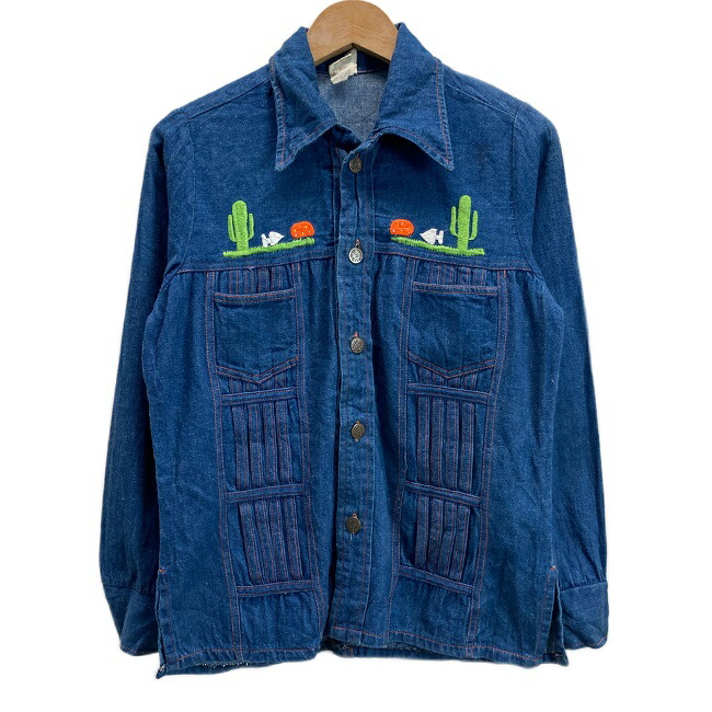 【中古】　LiLA,Sa,　デニムシャツ　メキシカンシャツ　長袖　レギュラーカラー　刺?デザイン　サボテン　胸ポケット　メキシコ製　古着　/1919