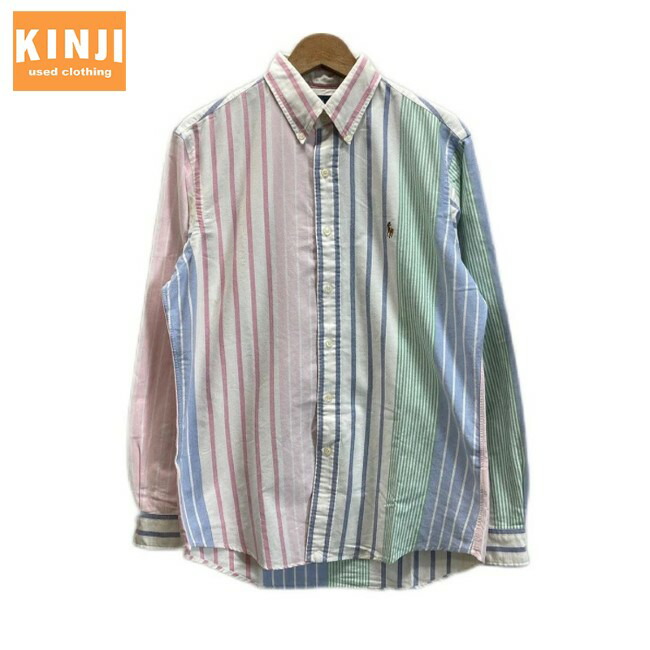 【中古】　RALPH LAUREN　ストライプシャツ　長袖　シャツ　コットン　ボタンダウン　ワンポイント　ブランドロゴ　スモールポニー　刺しゅう　古着　/1930