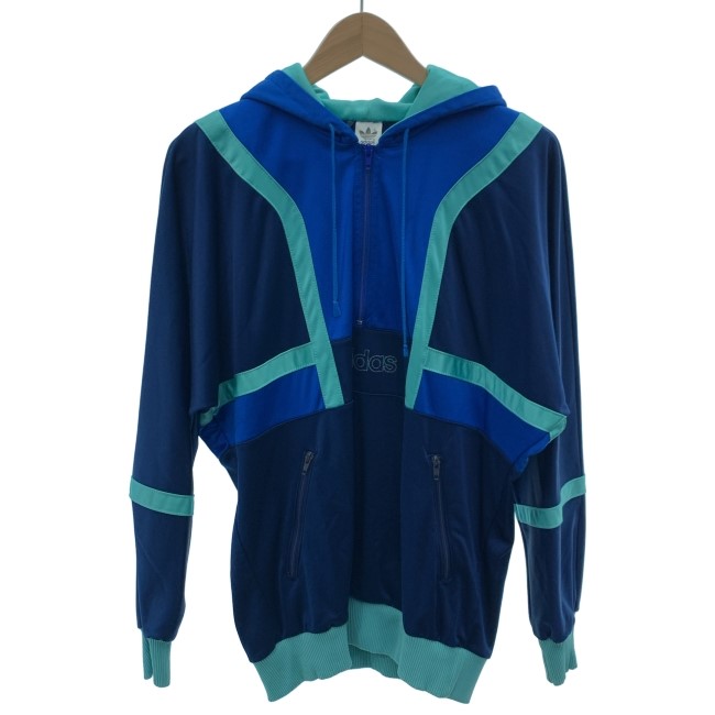 【中古】adidas　トラックジャケット　90s vintage　90年代　OLD　プルオーバー　ハーフジップ　ジャージ　フード　ワンポイント　プリント　スポーツ　古着　/0129｜KINJIusedclothing