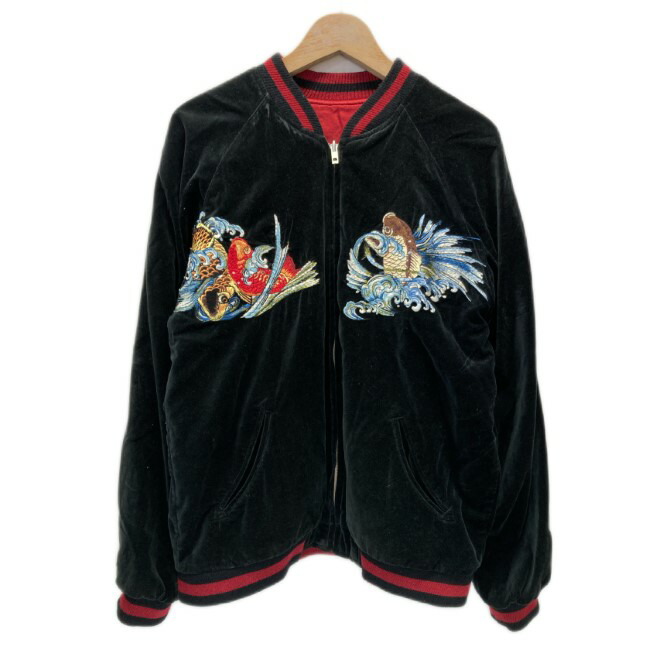 【中古】 六無人 スカジャン ブルゾン アウター ベロア リバーシブル フルジップ サイドポケット 両面刺しゅう コイ 龍 古着 /0151|KINJIusedclothing