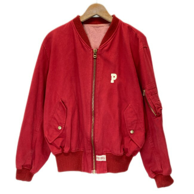 【中古】　PINK HOUSE　スタジャン　ブランドロゴ　プリント　バックプリント　リブ袖　フラップポケット　無地　スタジアムジャンパー　ブルゾン　日本製　古着　/2010｜KINJIusedclothing