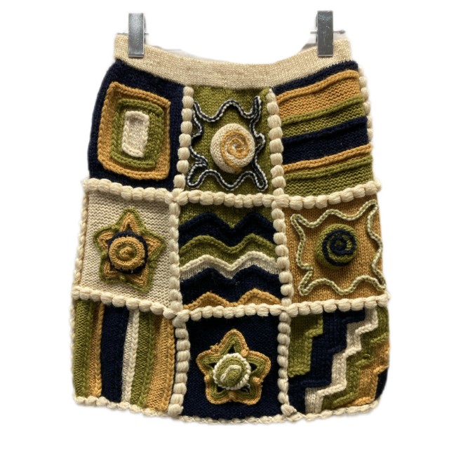【中古】 i.s. ISSEY MIYAKE スカート 80s vintage 80年代 ニットスカート Iライン パッチワークデザイン ひざ丈 ウエストゴム ドメスティック 古着 /2497|KINJIusedclothing