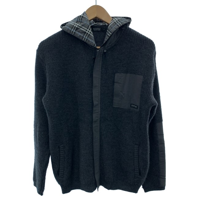 【中古】 BURBERRY BLACK LABEL ジップアップセーター フルジップ ボンネット ニットアウター 無地 日本製 古着 /1156