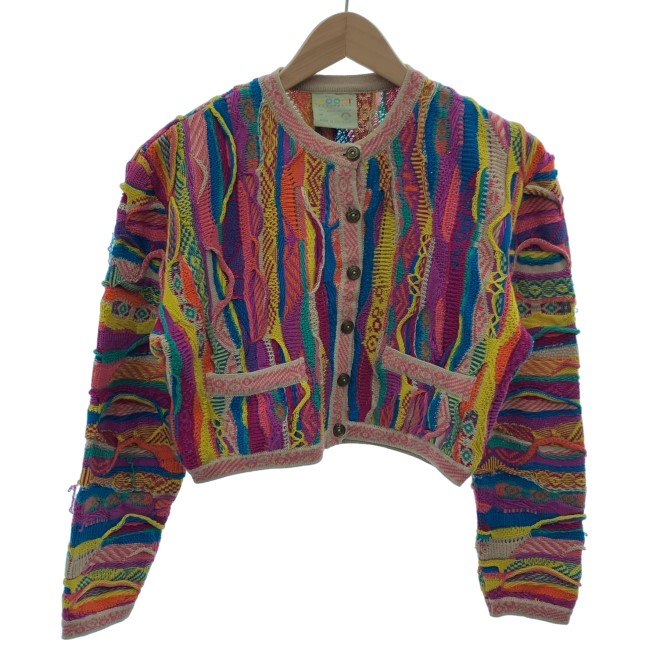 【中古】　COOGI　カーディガン　長袖　ショート丈　クルーネック　フルボタン　総柄　3Dニット　オーストラリア製　古着　/1904｜KINJIusedclothing