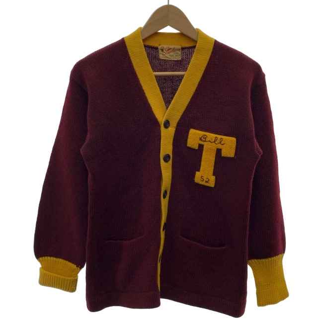 【中古】 Stadium レタードカーディガン 40s-50s vintage 40-50年月日 OLD Vのど首 盛りだくさん名取り草 無地 ワンポイント 紋章 古着 /1592