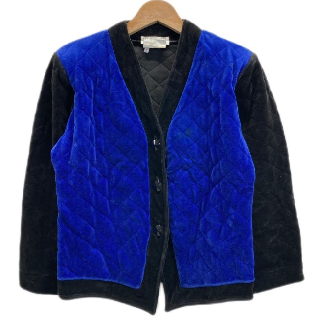 【中古】 Yves SAINT LAURENT ベロアジャケット 90s vintage 90年代 キルティングジャケット アウター Vネック ノーカラー バイカラー No.VAH913574 フランス製 古着 /2497|KINJIusedclothing