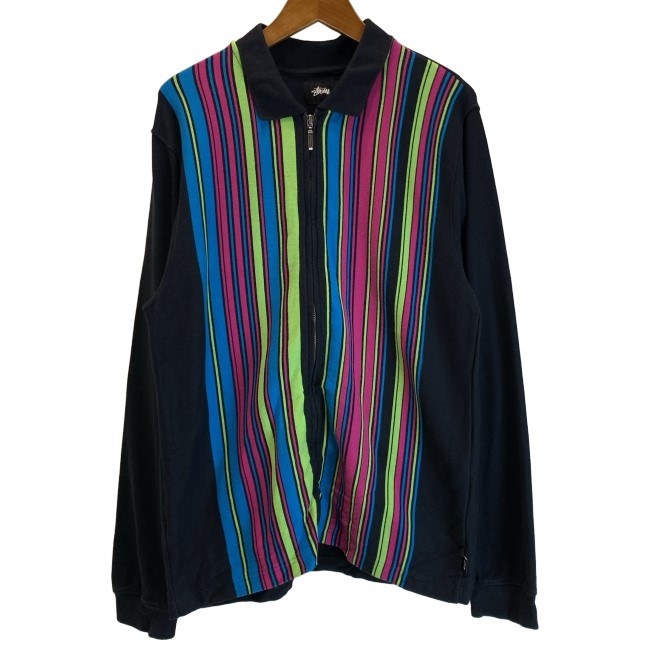 【中古】 STUSSY ジップアップスウェット フルジップ 裏毛 縞模様 表どおり 古着 /1584