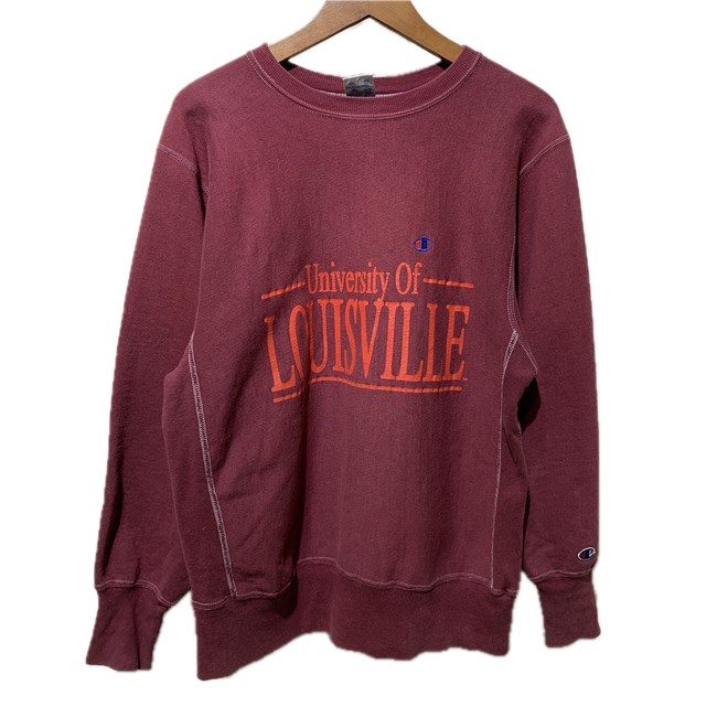 【中古】 Champion REVERSE WEAVE 汗水 90s vintage 90年月日 前期 縫い引き舟 University Of LOUISVILLE ガレッジ ルイビル分科大学 裏起毛 USA製 アメカジ 古着 /1591