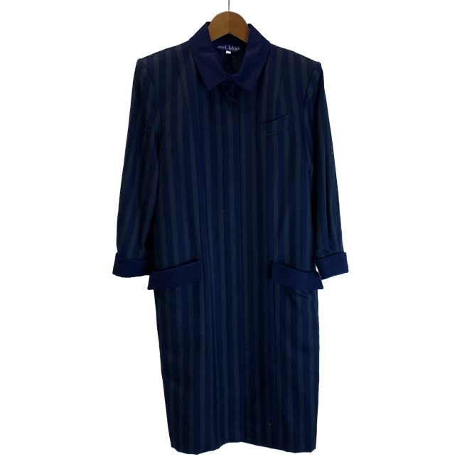 【中古】 Miss Chloe ワンピース 長袖 ミディアム丈 ストライプ フルボタン レギュラーカラー フロントポケット 肩パット 日本製 古着 /2497|KINJIusedclothing