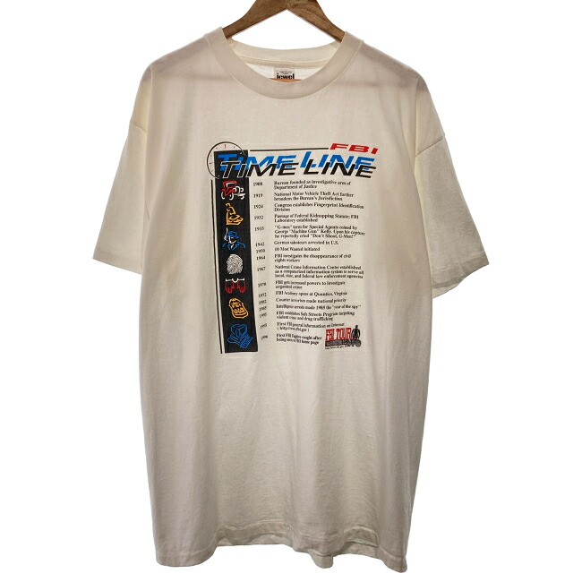 【中古】 JEWELTONES Tシャツ 90s vintage 90年代 OLD 半袖 トップス クルーネック FBI 歴史的年表 プリント オーバーサイズ USA製 古着 /5082|KINJIusedclothing